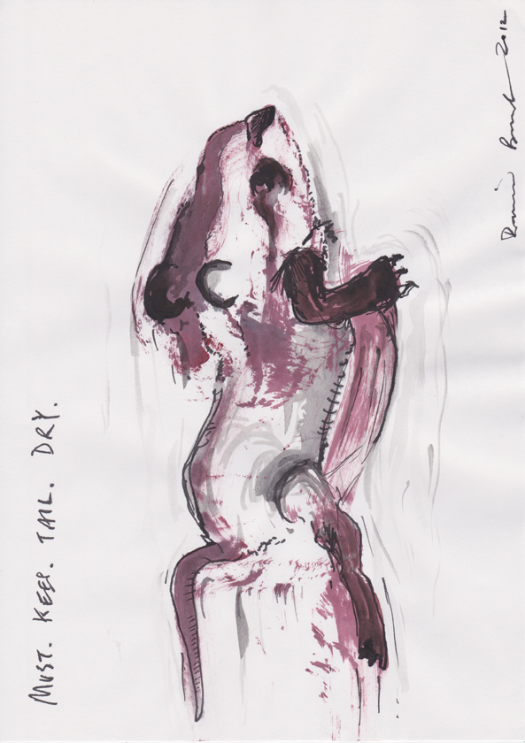 (Sub)Conscious drawing 24. Must. Keep. Tail. Dry, ink, biro, screen ink + retarder, 21.1 x 29.7cm, May 2012